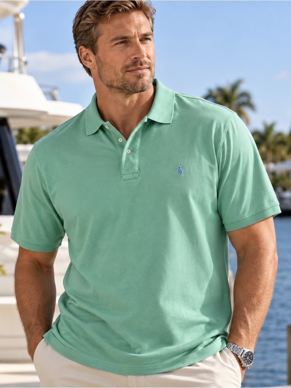NWOT Polo Ralph Lauren Mens LT Mint Green Cotton Pique Polo Shirt Size LT